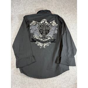 West Advanture Button Up Shirt Mens Black Gothic Cross Y2K Streetwear Large